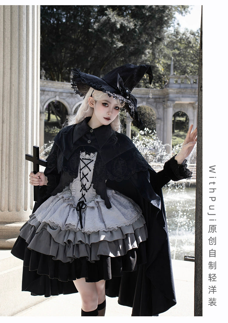 With Puji~Innocent Talk~Halloween Chinese Style Lolita OP Black-silver Gray Dress   