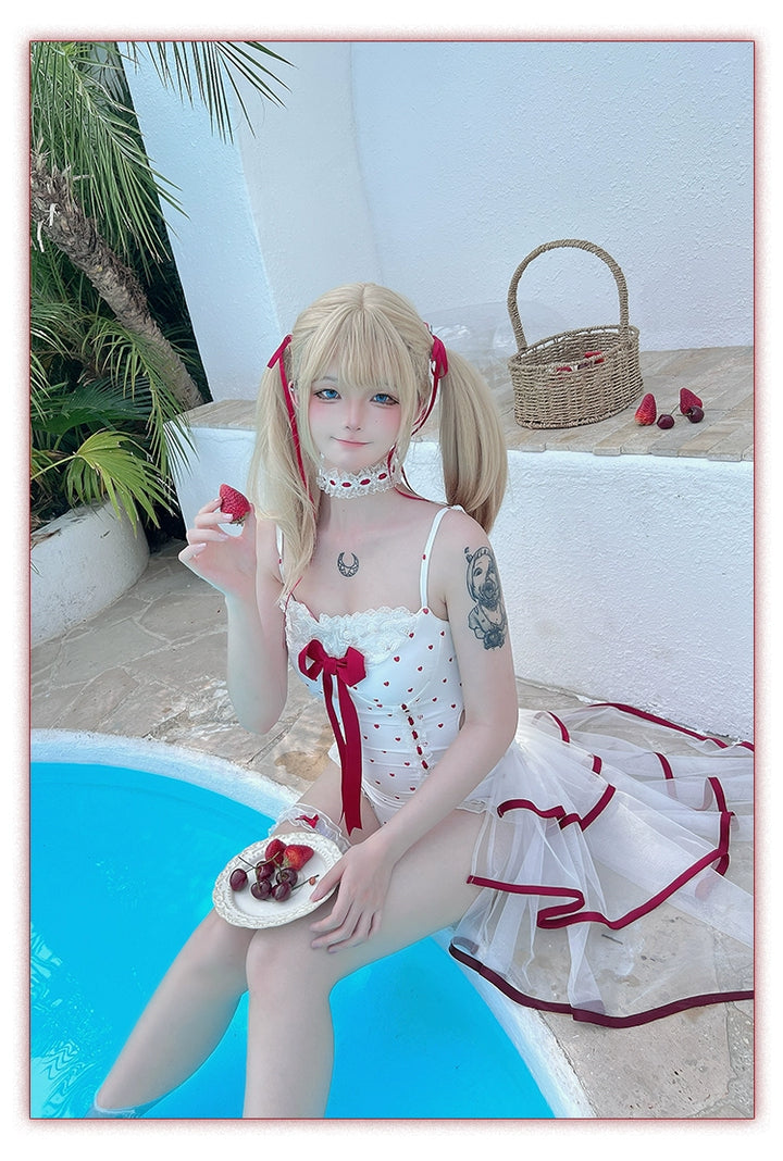 Tan Tuan~Heartbeat Melody~Red & White Lolita-Inspired Swimsuit Set 42997:761420