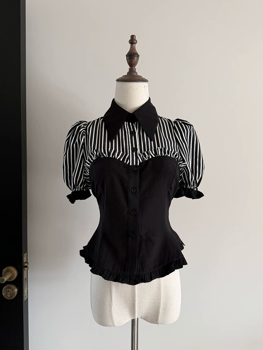 Laura's Reply - Gothic Lolita Striped Patchwork Blouse Black Stripe Blouse S