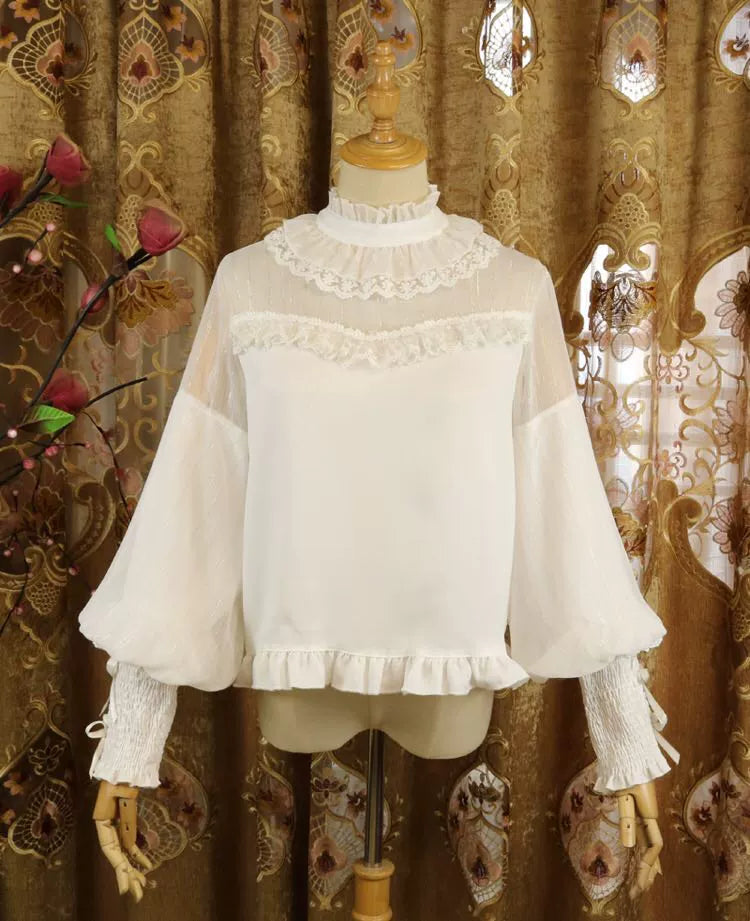 DMFS Lolita - Sweet Lolita Shirt Mutton Sleeves Chiffon Lolita Innerwear Golden silk milk white S