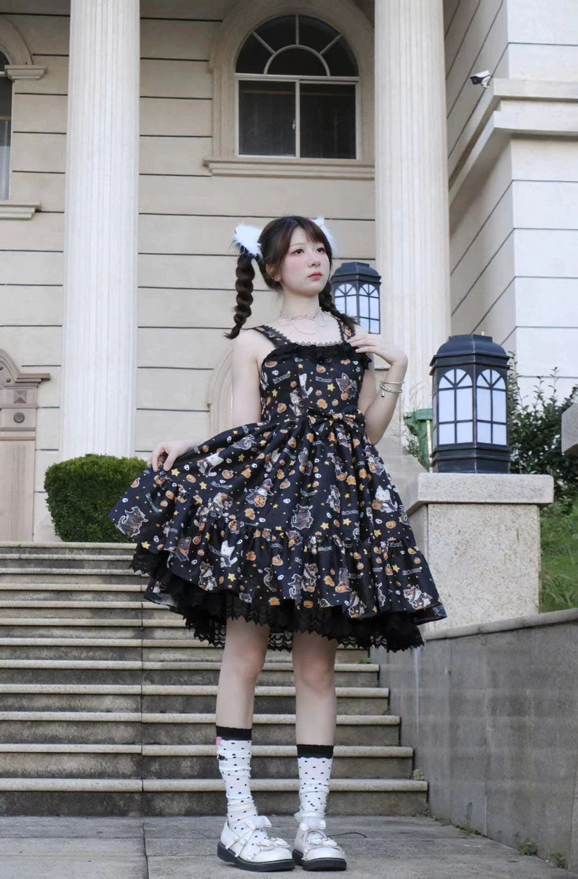 (Buyforme)Strawberry Alice~Mew Mew Witch Halloween Cat Print Lolita JSK   