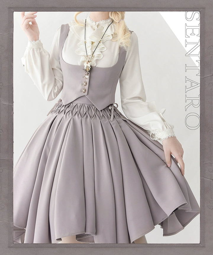 Sentaro~Pleated Irregular Knit Floral Slim Fit Vest and Half Skirt Set   