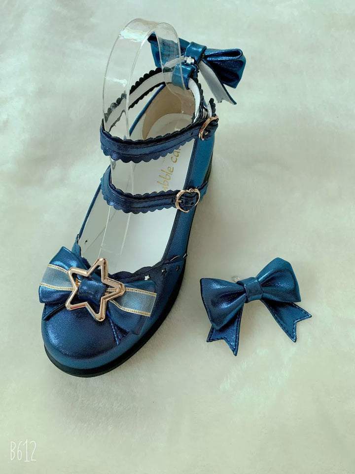 (BFM)Bubble Cat~Dreamy Starry~Sweet Lolita Shoes Low Heel Bow Shoes 34 navy blue (giltter)