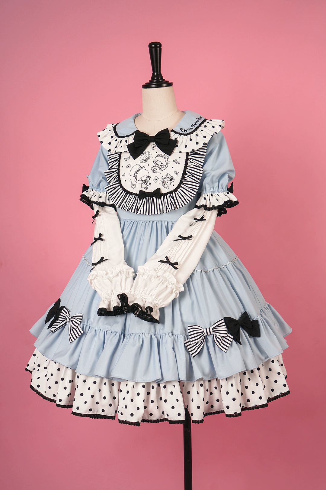 Vcastle~Sweet Lolita OP Dress Splicing Sleeve Apron Dot Print Dress S blue OP 