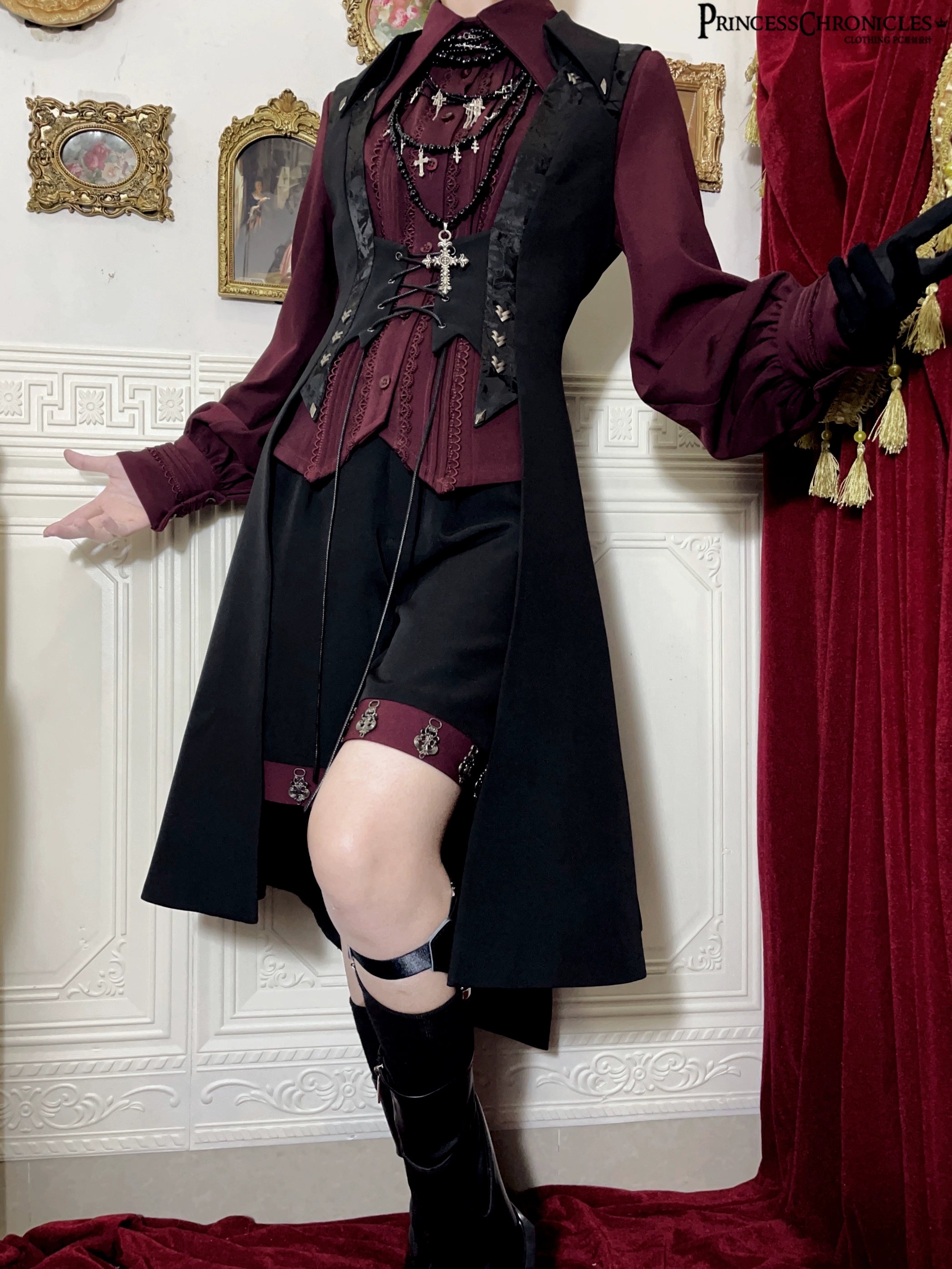 Princess Chronicles - Red and Black 4.0 - Ouji Lolita Shorts Outfit Long Vest Prince Blouse