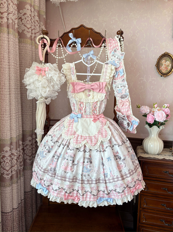 Shattered Lace Dream - Shattered Cat - Cat Printed Kawaii Lolita JSK Dress, Embroidered Sash Pink Plaid JSK+Apron+Waist Tie S
