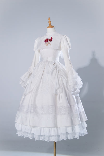 ZJstory~Gothic Nun Lolita OP Dress Lily Embroidery JSK S White Lily Full Set(OP+Cuffs+Petticoat+Fabric False Collar+Smock+Organza Collar) 