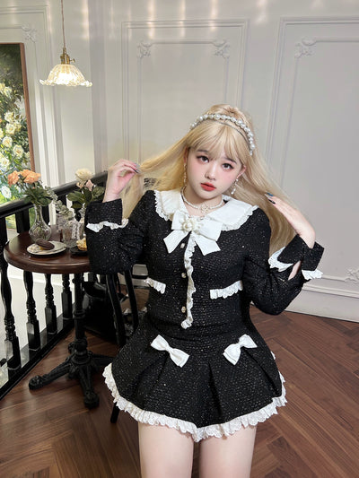 Yingtang~Plus Size French Style Suit Long Sleeve Black Coat Bow Skirt XL black skirt 