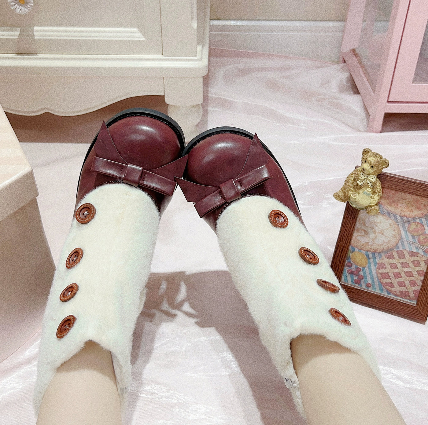 Dolly Doll~Winter Lolita Boots Fur Mary Jane Lolita Low Heel Shoes 34 4cm-Dark Red 
