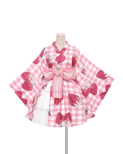 To Alice~Strawberry Party~Wa Lolita SK Set Plaid Coat Kimono Set 0 Pink Set(top+skirt+waistband+2 detachable bows) 