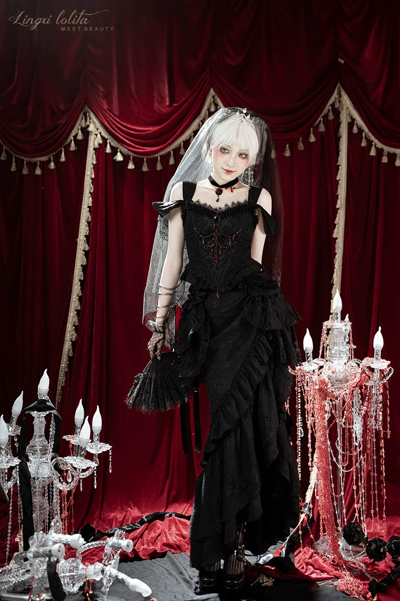 Lingxi Lolita~Lord of the Night~Gothic Lolita Skirt Suit Mermaid Skirt and Fishbone Bodice 42159:730277