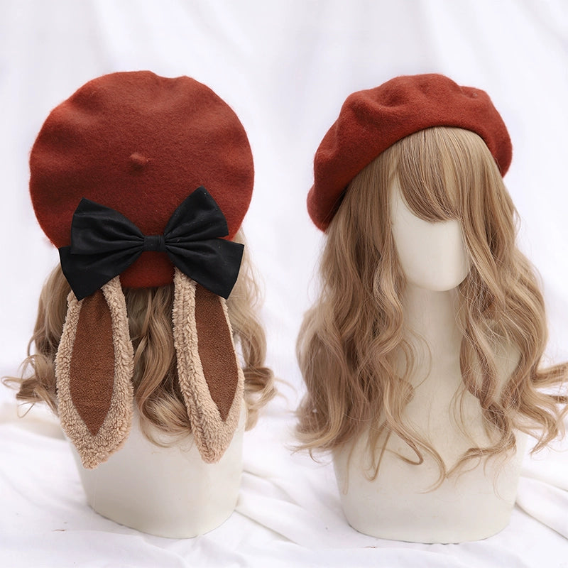 The Accessories' Story - Kawaii Lolita Beret, Detachable Bunny Ears & Bow (M / Caramel) 44235:800156
