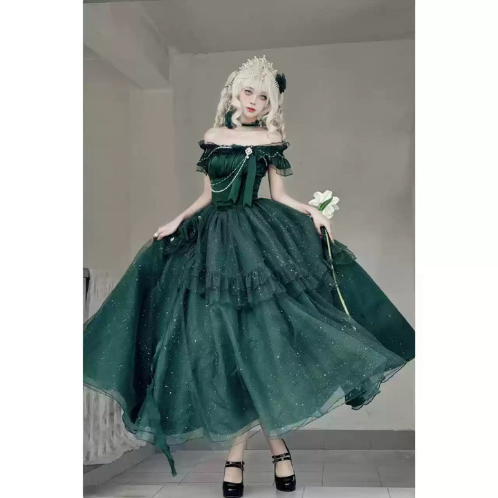 Meowing and fruity~Milky Way~Brilliant Princess Lolita Dress Multicolors Long Dress Forest Green Dress Only - S