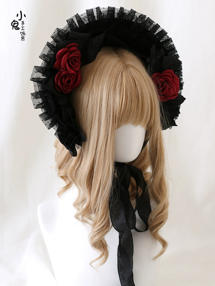Xiaogui - Gothic Lolita Black Lace Flowers Bonnet