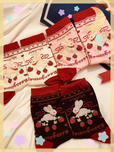 Yukines Box~Kawaii Lolita Strawberry Bunny Print Socks   