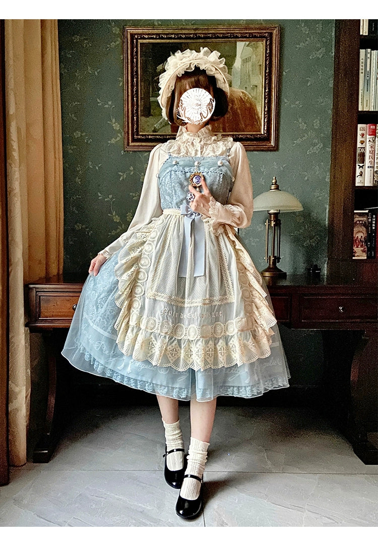 Nuit De Cellophane~Elegant Lolita Lace Beige Apron Dress   