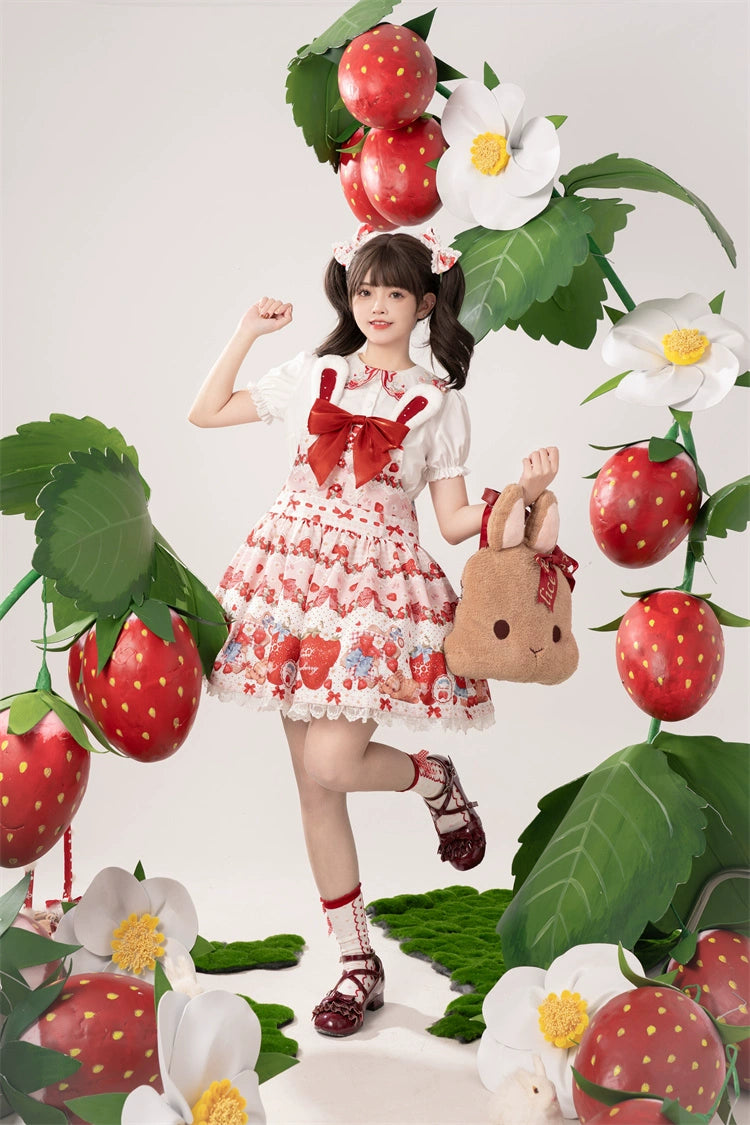 To Alice~Spring Strawberry Bunny~Kawaii Lolita Salopette Dress Hooded Coat and Blouse