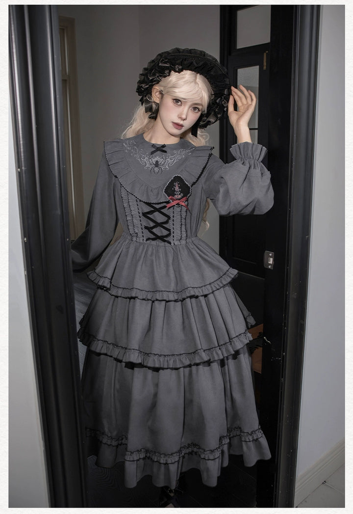 With PUJI~Castle Night~Gothic Twins Lolita OP Three-tiered Embroidery Dress