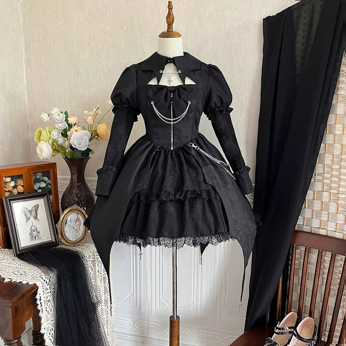 Darknight Creed - Gothic Lolita Jacquard OP, Irregular Hem & Cross Pendants (L M S) 45847:865283