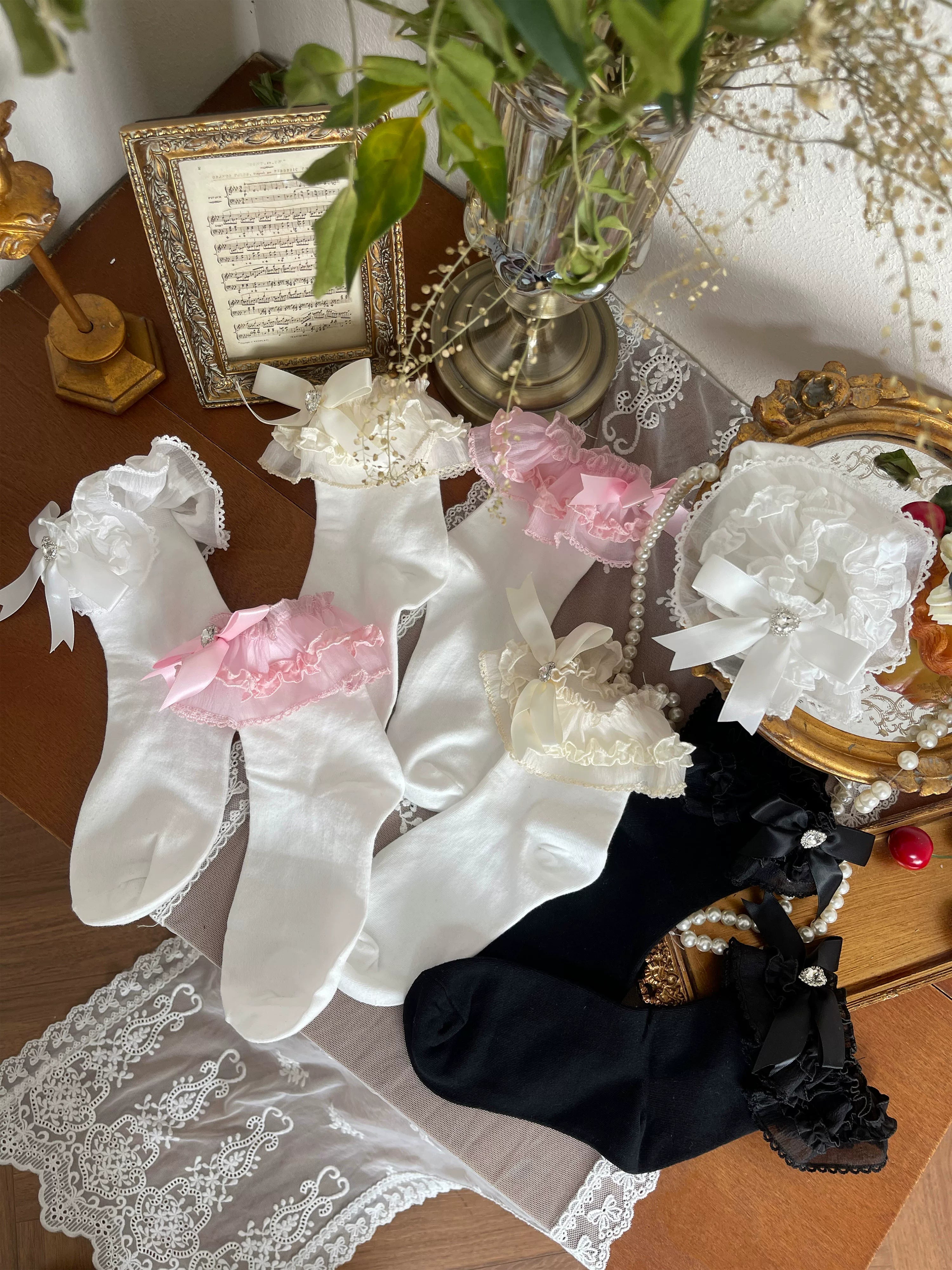 Sweet Lolita Short Socks, Bow & Heart Rhinestone 44937:829306