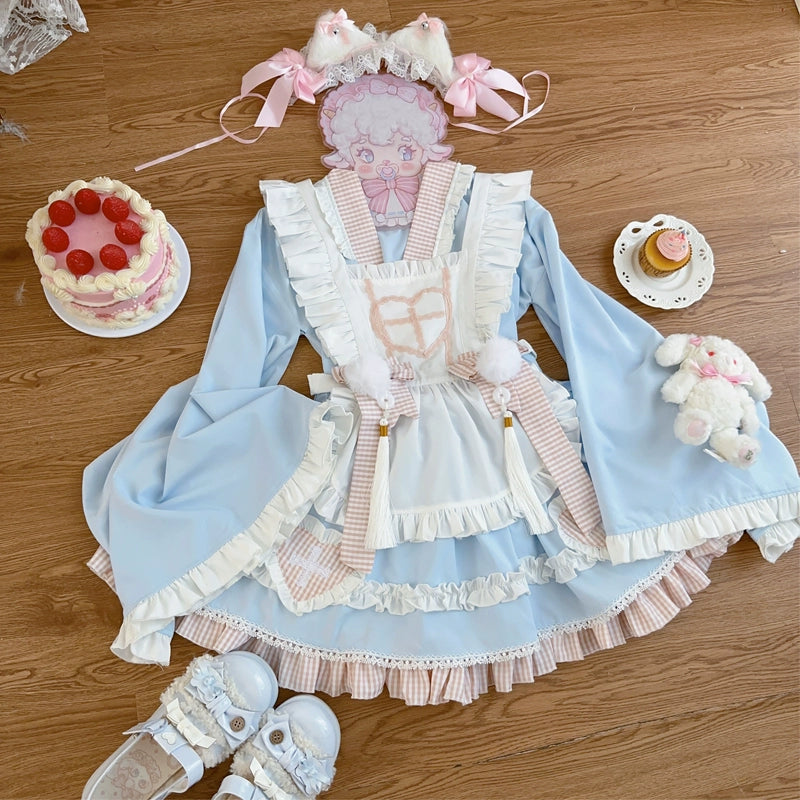 Hanguliang~Sweet Meow Nurse~Maid Lolita Skirt Set Kawaii Lolita Dress S Blue (top + skirt + apron + back bow) 