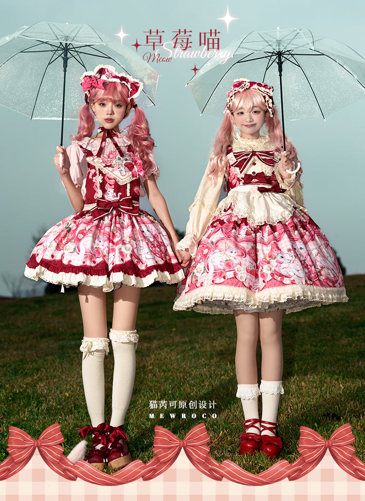 Mewroco~Strawberry Cat~Sweet Lolita Dress Suit JSK and Salopette with Cat Prints