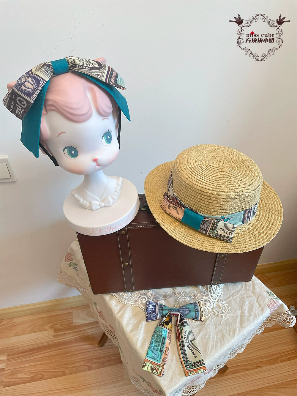 Miss Cube - Antique Label - Retro Lolita KC Straw Hat Bow Tie 35666:498990
