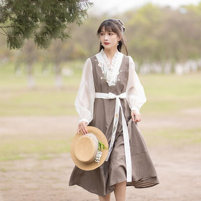Chixia~ Han Lolita White-brown V-neck Dress   