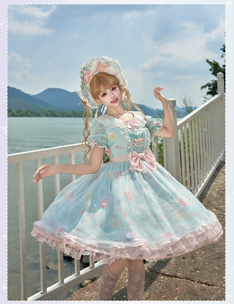 Cinnamoroll Ocean Fantasy - IP Collab Sweet Lolita Tiered JSK & OP Dress, Cinnamoroll Print 45995:871865