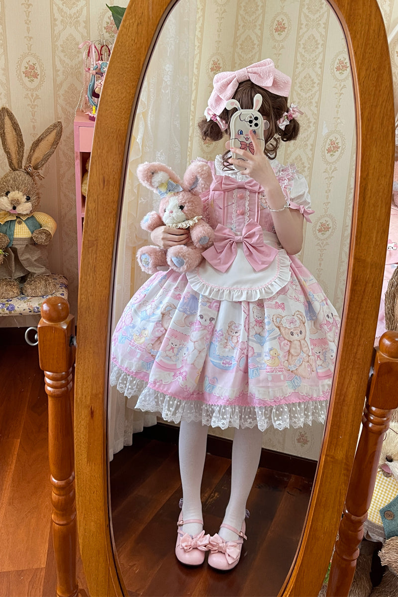Hanguliang - Sweet Bunny Bear - Sweet Lolita Jumper Dress Cute JSK S Pink JSK only