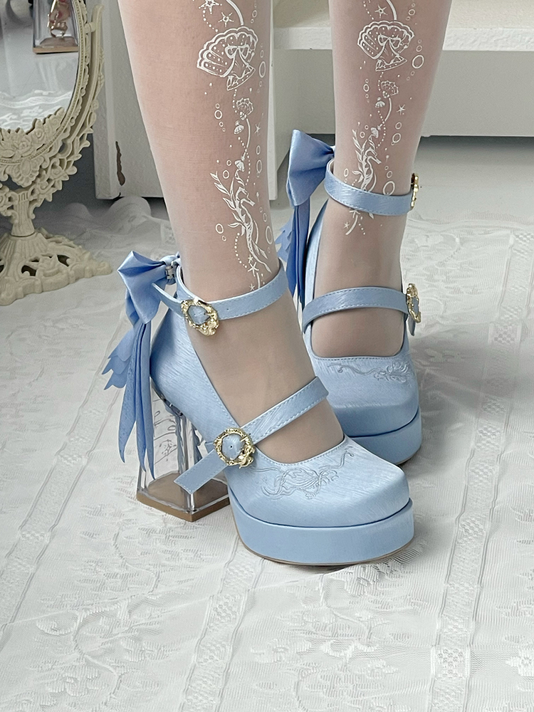 Dreamland - Floating Koi Land - Satin Classic Lolita Platform Shoes, Transparent Heel 44317:804072