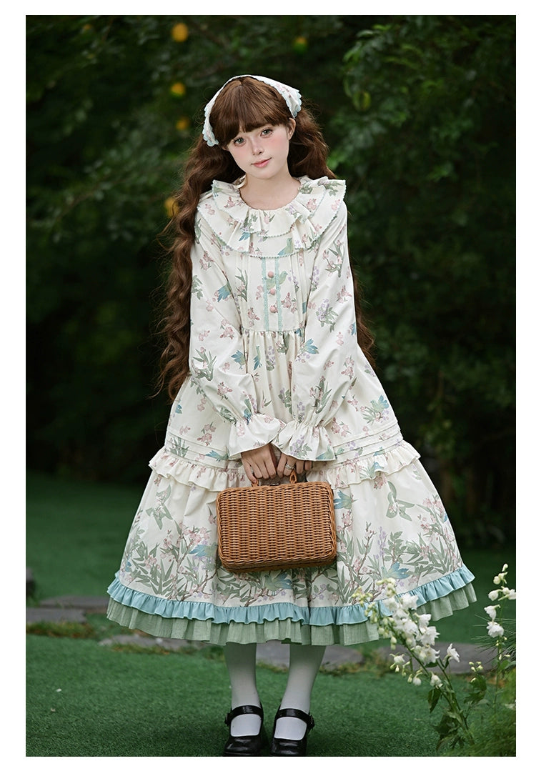 With PUJI - Oriole Time - Country Lolita JSK and OP Dress, Floral and Bird Print 44048:794558