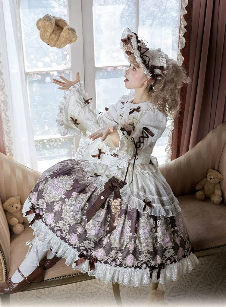 Antique Teddy Bear - Classic Lolita Printed JSK Dress with Ribbon Bows 45538:853244