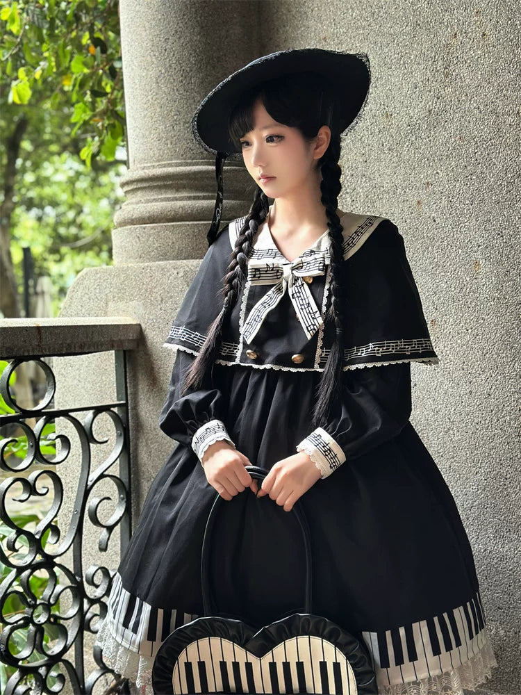 Piano Serenade - Old School Lolita Cape Layered Dress, Musical Note Embroidery 45785:862523