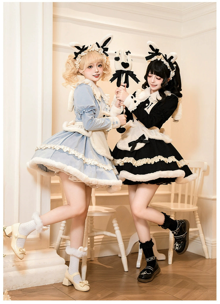 With PUJI~Rabbit&Alice~Sweet Twin Lolita OP Dress Doll Apron Dress Set