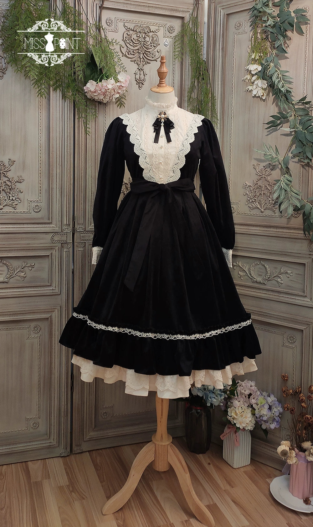 (BFM)Miss Point~Customized Lolita Dress Vintage Elegant Velvet OP Dress XS Raven black 