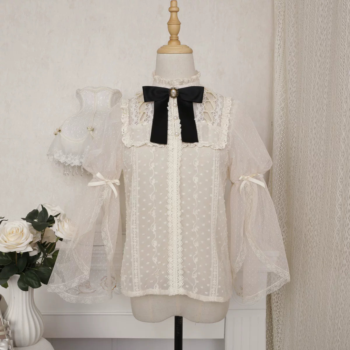 Clock Butterfly - Gothic Lolita Printed Blouse and Corset Skirt Set Blouse Only (with a bow tie) S