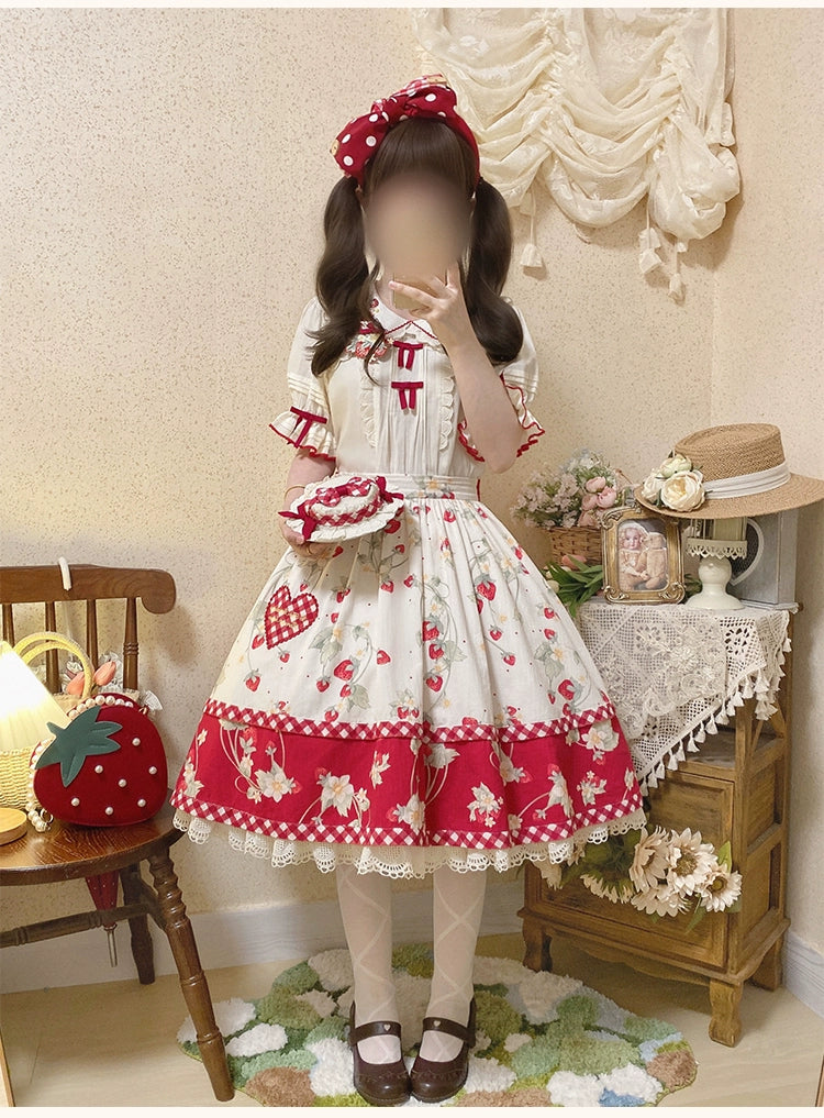 Baozizhu~Sweet Lolita Shirt Strawberry Embroidery Ivory Blouse   