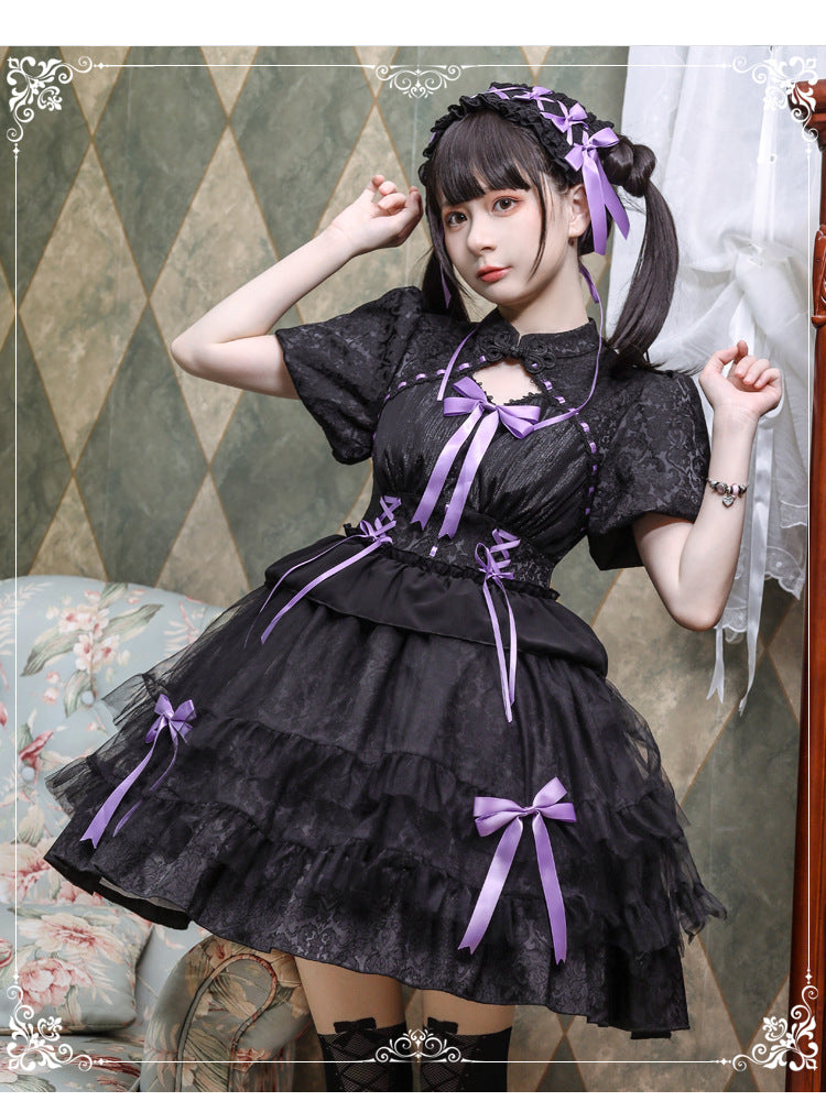 Eieyomi - Kawaii Lolita OP Dress Summer Dress Short Sleeve Black purple S