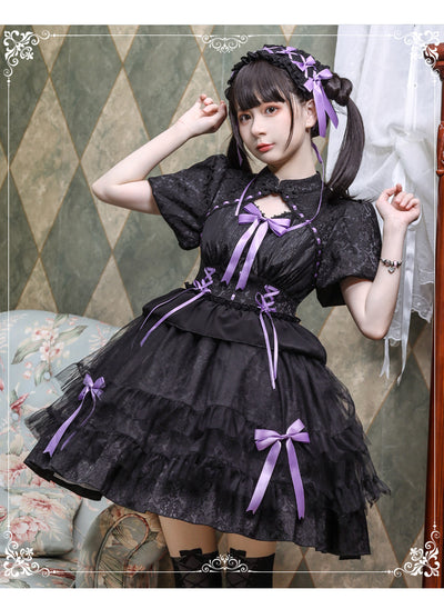 Eieyomi~Kawaii Lolita OP Dress Summer Dress Short Sleeve Black purple S 