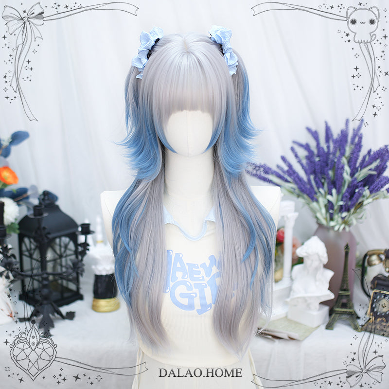 Dalao~Natural Lolita Long Curly Gray Blue Wigs   