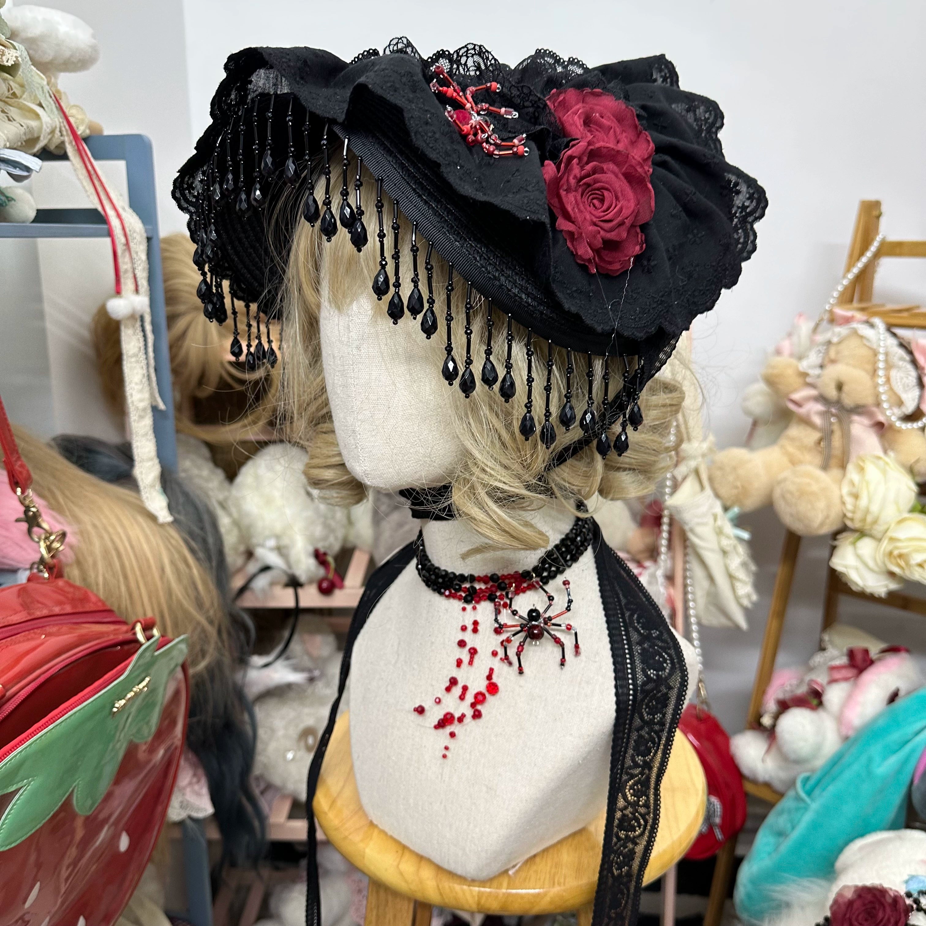Chestnut Lolita - Gothic Lolita Bonnet Pure Cotton Hat Gorgeous beaded black and red BNT