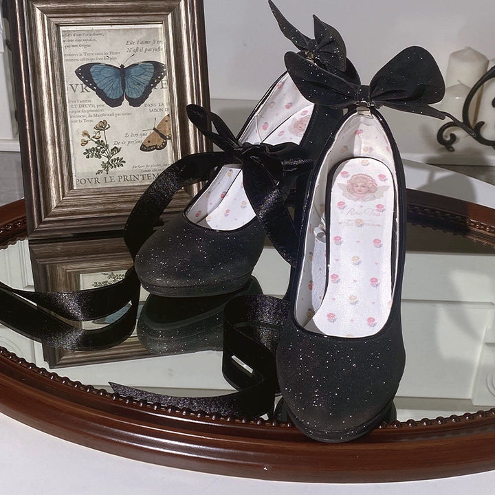 Pure Tea For Dream~Butterfly Specimen~Shiny Ballet Lolita Shoes Sweet Lolita Platform Heels 34 Shiny Black 