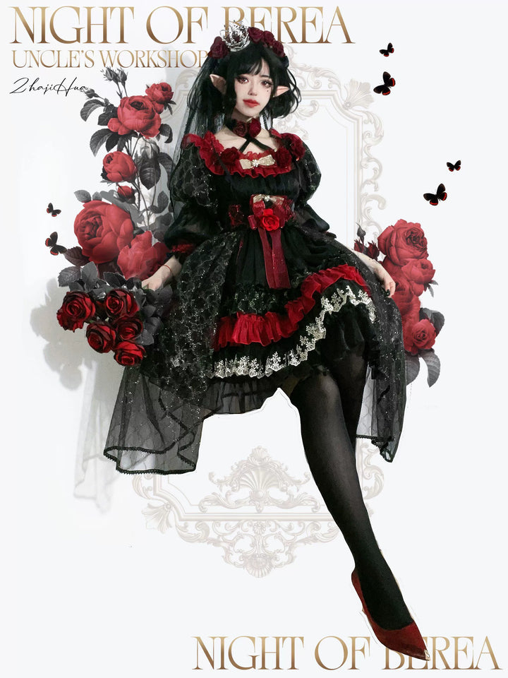 Uncle Wall Original~Night of Berea~Gothic Lolita OP Black and Red Lolita Dress