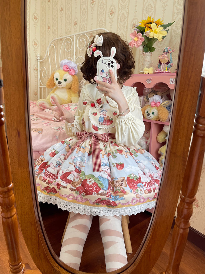 Akiyama Future Studio~Strawberry Sheep~Sweet Lolita Salopette Strawberry Sheep Print Dress