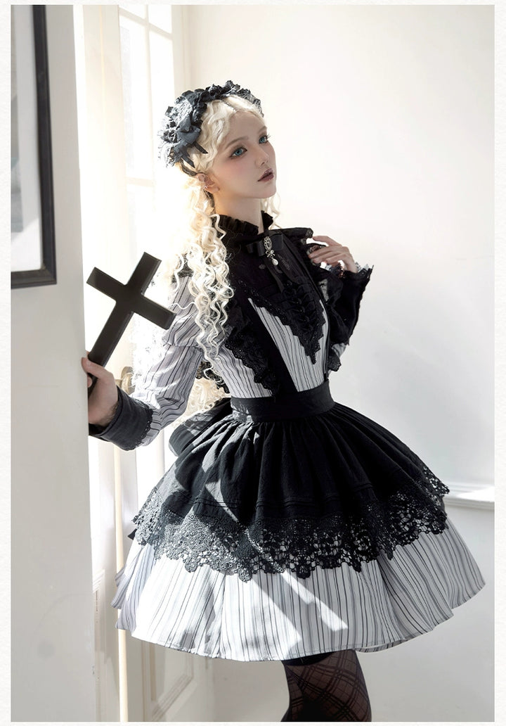 With PUJI~Nocturne SP~Striped Gothic Lolita OP Twin Lolita Dress with Apron