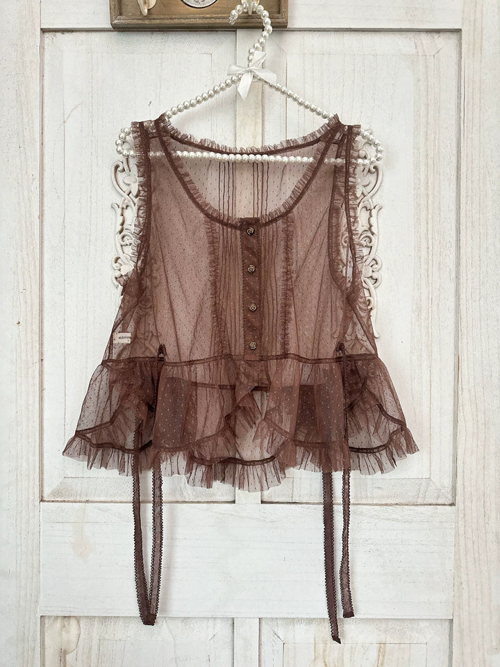 Sweet Dreamer~Antique Wall~Classic Vintage Lolita Vest Tulle Polka Dot Vest Big dots in brown (vest only) (Pre-order) Free Size Single-layer petal hem