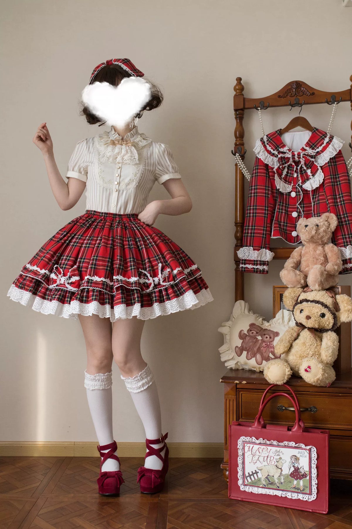 Christmas Knot - Christmas Old School Lolita Jacket & Skirt Set, Red Plaid 46051:873301