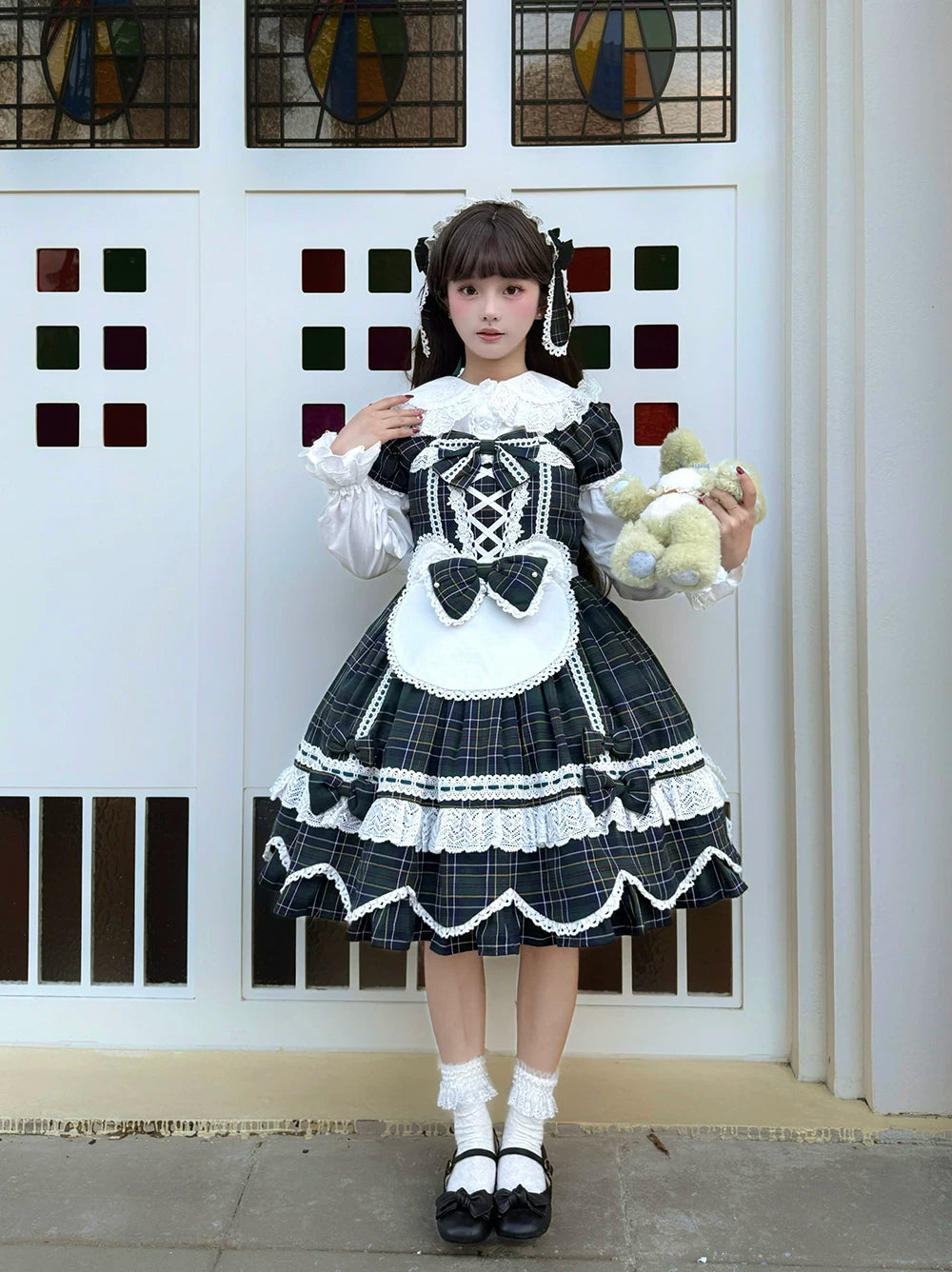 Plaid Petal Bunny - Old School Lolita Plaid OP Dress, Petal-shaped Hem 44673:818286