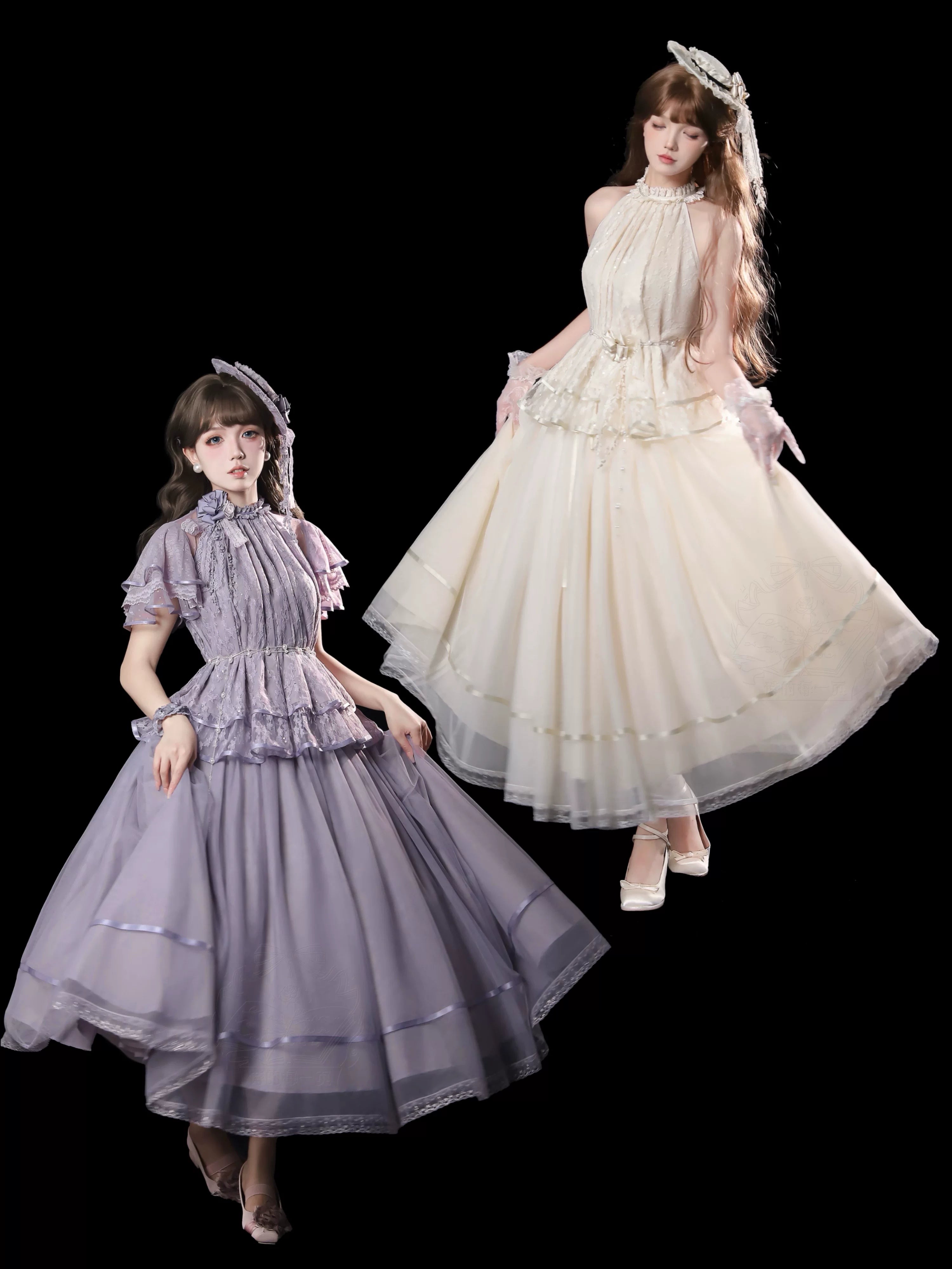 Moonlight Ode - Classic Lolita Lace Halter-neck Blouse & Tulle Skirt Set